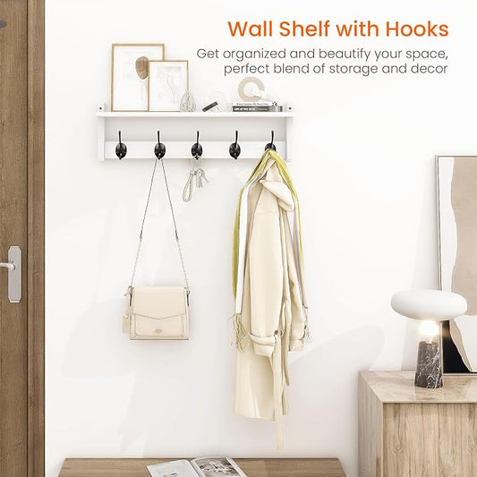 Homode Coat Rack with Shelf Wall Mount, 24 Inch Long Wall Shelf with Hooks Underneath, Wood Hanging Coat Hanger with Hat Shelves for Entryway, Bathroom, Mudroom, White