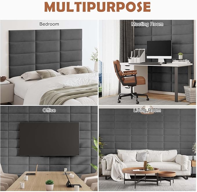 IFNOW Wall Mounted Upholstered Headboard Queen, 3D Peel and Stick Soundproof Panels, Reusable and Removable Padded Leather Bed Headboard, 9 Panels 9.84" x 23.62", Dark Grey