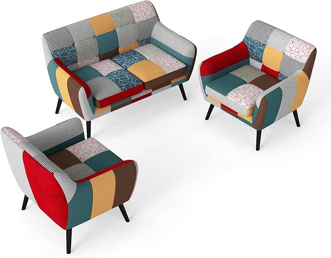 Bonzy Home Modern Colorful 4 Piece Coroful Fabric Sofa Set, Included 2 Accent Chairs and 2 Boho Loveseat Linen Patchwork Plaid Couches with Rubberwood Legs and Removable Upholstered for Living Room