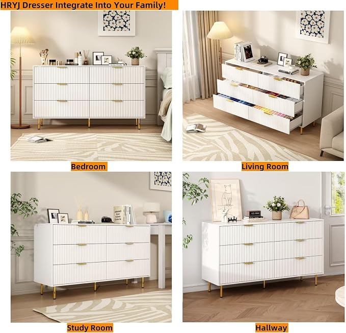 White Fluted 6 Drawers Dresser for Bedroom with Gold Handle, 56" Wide Modern Wooden Chest of Drawers, Bedrooms Tv Stand Storage Organizer Dressers for Living Room Closet