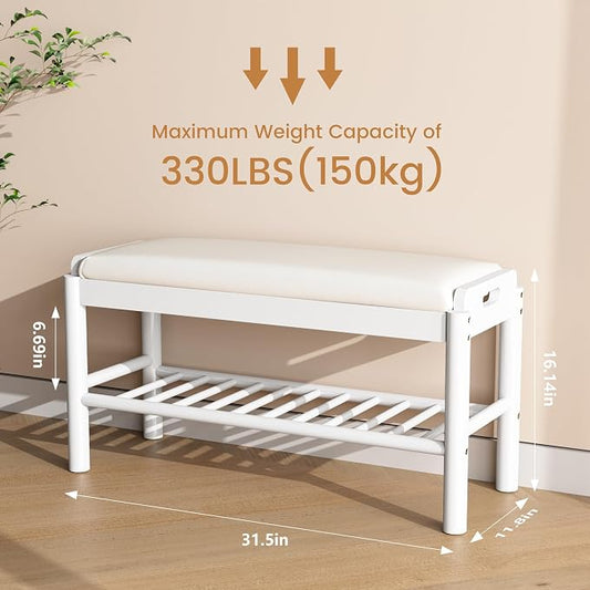 Entryway Shoe Storage Bench, 2-Tier Wood Shoe Rack with Cushion, Padded Seat Entryway Organizer with Shelf & Hidden Storage for Entry, Hallway, Living Room, Bedroom, Closet (White, 31.5")