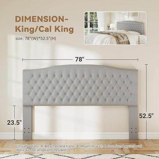 King Headboard Only, Velvet Classic Tufted Design, Silver Gray | 2 installation options: 1.bed frame mount 2.wall mount (for adjustable bed), Classic hand-tufted headboard king size
