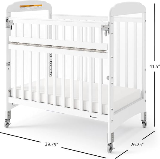 Foundations Serenity SafeReach Clearview Crib, White, Adjustable Mattress Board, Compact Wooden Baby Crib, Clear End Panels for Child Visibility, Includes 3” Foam Mattress