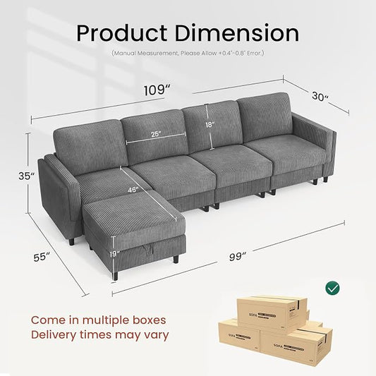 KKL Modular Sectional Sofa Bed with Storage Ottoman, Convertible L/U-Shaped Sleeper Couch for Living Room, Modern Reversible Design(Grey,5 Seater L Shape)