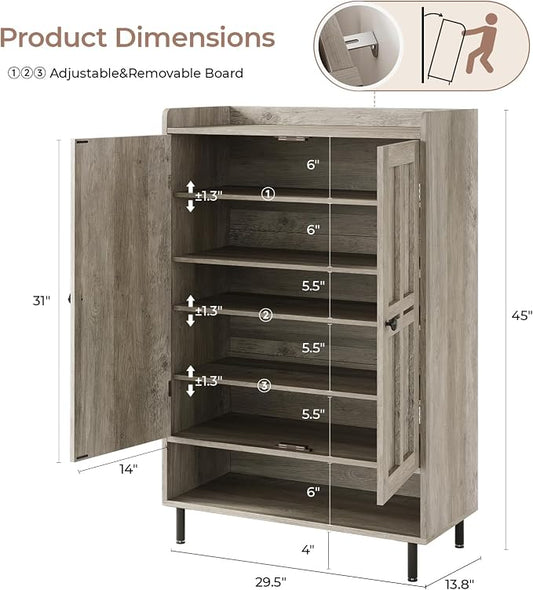 Shoe Storage Cabinet with 2 Doors, 6-Tier Shoe Cabinet with 3 Adjustable Shelves and Metal Legs, 45'' Tall Shoe Rack Organizer Cabinet for Entryway, Front Door, Gray Wash
