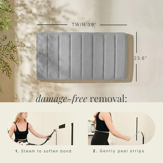 Hearth & Harbor Wall Mounted Twin Headboard Only, Bed Headboard Twin Size | Easy Assemble, Floating Peel and Stick, Upholstered, Channel Stitched, 3D Wall Panels, 5 Strips of 3M Tape Included, Silver