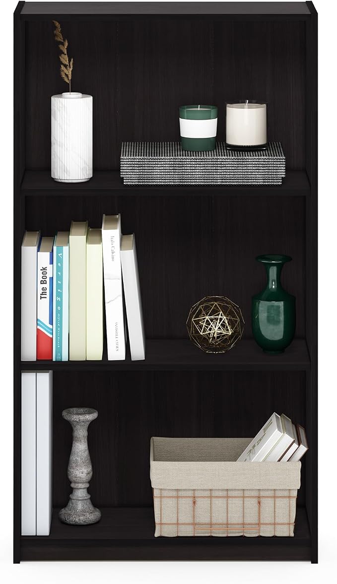 Furinno BASIC Book Shelf, 3-Tier Modern Bookshelf, Bookcase with Open Shelves, 9.3" x 21.8" x 39.5", for Living Room, Bedroom, Home Office, Dark Walnut