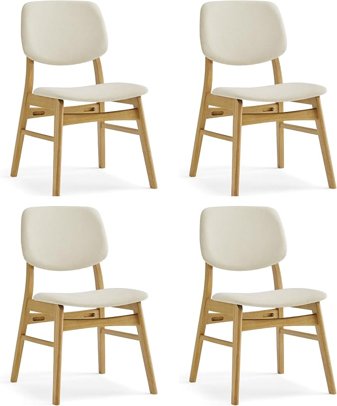 KISLOT Wooden Dining Chairs Set of 4, Upholstered Modern Dining Room Chairs, Mid Century Solid Oak Wood Kitchen Chairs for Farmhouse, Restaurant, Café (Cream Fabric & Original Color)