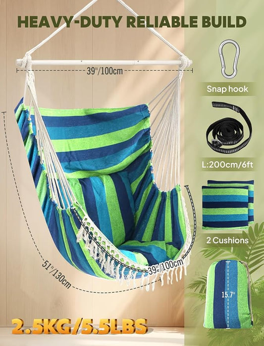 Chihee Hammock Chair Hanging Swing Max 500 Lbs 2 Cushions Included Metal Spreader Bar with Anti-Slip Grooves Portable Hanging Chair Side Pocket Large Macrame Bohemian Chair Indoor Outdoor | Hanging Swing with Anti-Slip Grooves Portable Hanging Chair Si...