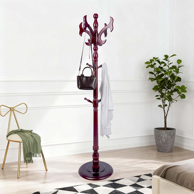 Wooden Coat Rack Free standing 14 Hooks, Vintage Coat Rack Stand for Entryway, Adjustable Height 73", Heavy Duty Coat Tree with Solid Round Base for Home Bedroom, Office (Antlers)