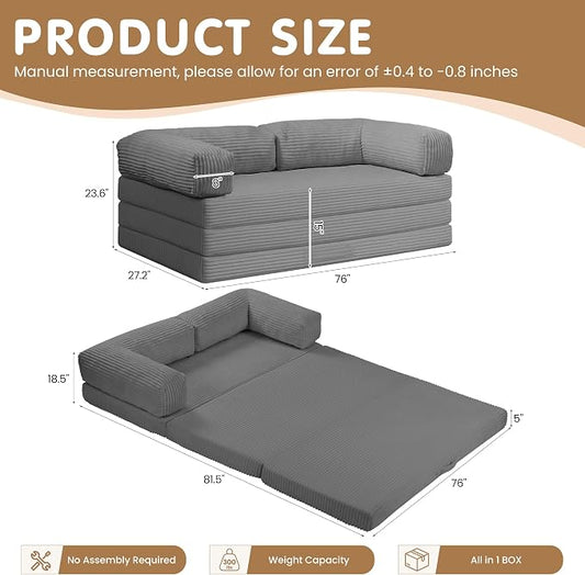 Convertible Sofa Bed King,5-in-1 Folding Boneless Couch Corduroy Futon Sofa Bed,Tri-Fold Mattress with Removable Armrests & Handle,Sleeper with Pull Out Bed for Small Space Living Room Bedroom