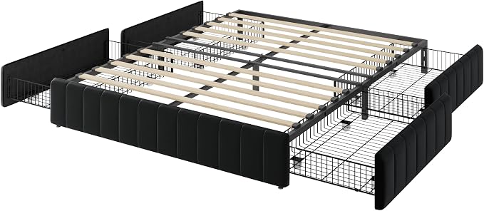 Allewie Queen Size Platform Bed Frame with 4 Large Storage Drawers, Velvet Vertical Channel Tufted Upholstered Bed Base, Wooden Slats Support, Noise-Free, No Box Spring Needed, Easy Assembly, Black