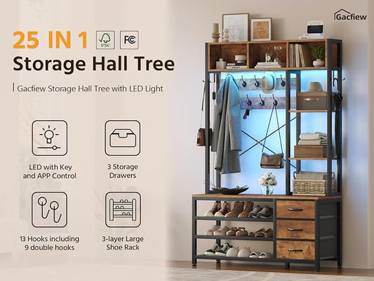 39.4'' Hall Tree with Bench and Shoe Storage, Entryway Bench with Coat Rack, 25-in-1 Tall Hall Tree with Led Lights (Rustic)
