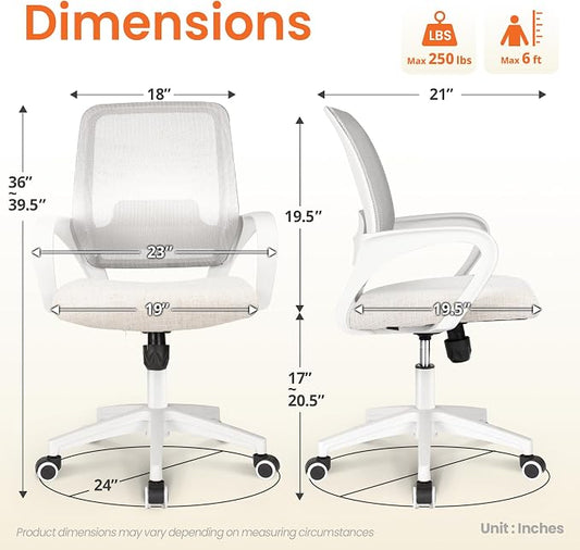 NEO Chair Office Desk Computer Ergonomic Chair Comfy Mid Back Mesh Seat with Lumbar Support Adjustable Height Swivel Rolling Wheels for Home Task Vanity Study Bedroom (Ivory-White Frame)