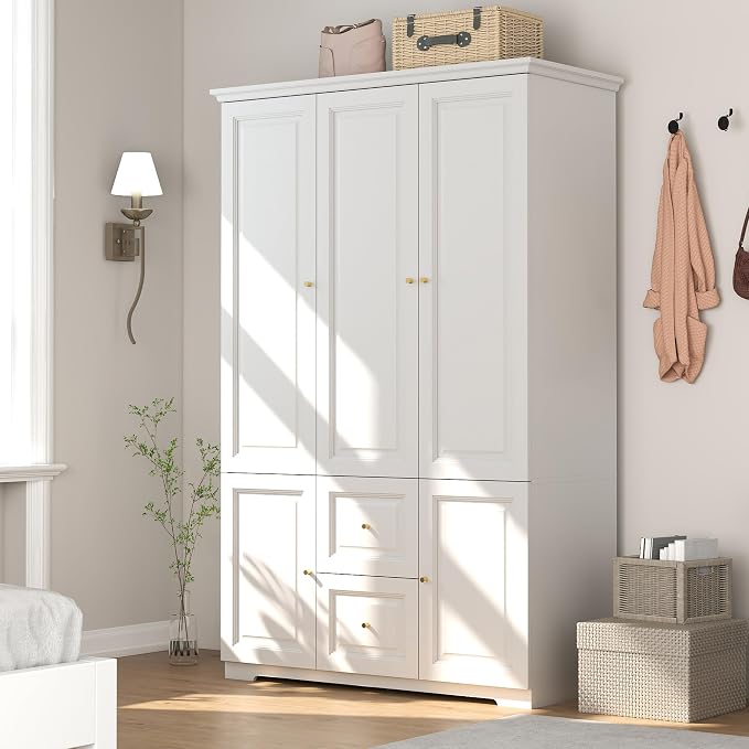 Bedroom Armoire Wardrobe Closet with Drawers: White Wardrobe Closet for Hanging Clothes, Large Wardrobes Storage Closets, Wood Closets Cabinets with Doors and Shelves (White, 47")