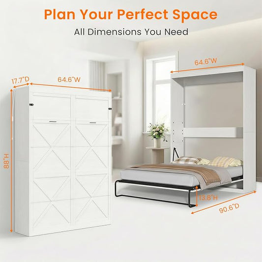 CECER Queen Vertical Murphy Wall Bed,Space Saving for Offices/Guest-White | Durable Gas-Lift for smooth folding,16 Color Controllable LED Lights,Sturdy frame & Easy Assemble