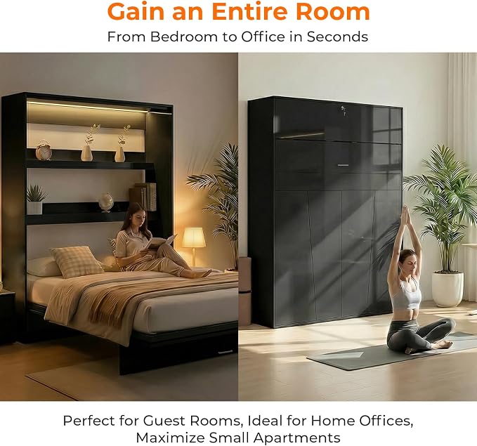 CECER Queen Vertical Murphy Wall Bed,Space Saving for Offices/Guest-Black | Durable Gas-Lift for smooth folding,16 Color Controllable LED Lights,Sturdy frame & Easy Assemble,High Gloss Panel