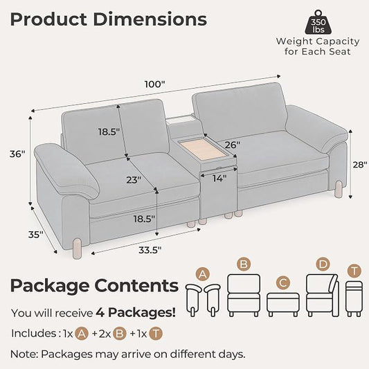 SITJOY Large Cloud Couch, 100" Wide Loveseat Sofa, Chenille in Navy Blue | Detachable and Washable Chenille Cover Sectional Sofas for Living Room, Deep Seat Wide Couch with Cuphoders