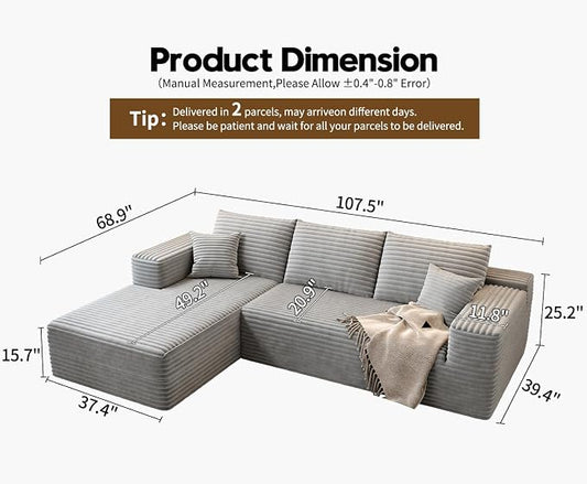 107.5" Cloud Modular Sectional Sofa Couch with L-Shape Chaise,Modern Minimalist Upholstered Couches for Living Room Bedroom,Deep Seat Corner Couch,No Assembly Required (Grey,Left Facing Chaise)