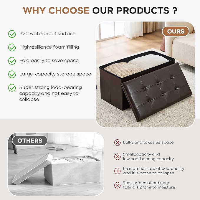 oakvivo 30 Inches Folding Storage Ottoman Bench, Ottoman PU Leather Tuffed End of Bed Bench, Foot Rest with Rivet Design, Ottoman with Storage for Living Room, Bedroom, Entryway, Coffee Brown