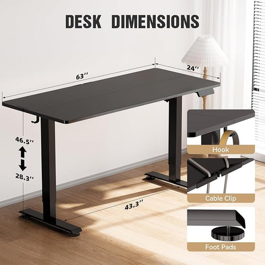 Veken 63 Inch Electric Standing Desk, Adjustable Height Office Desk with Wood Desktop, Computer Table for Home Work, Study and Gaming, Small Spaces, Modern Furniture, Black