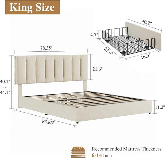 VECELO King Size Bed Frame with 4 Storage Drawers, Adjustable Height Headboard, Heavy-Duty Bedframe with Strong Wooden Slats, No Box Spring Needed, Pale Beige