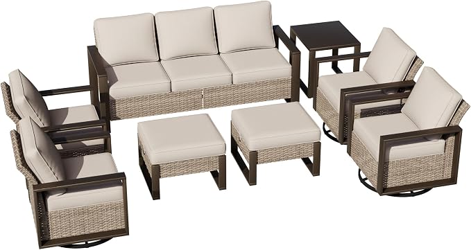 Outdoor Patio Swivel Rocker Chairs, 8 Pieces Wicker Furniture Set, 4 Swivel Rocking Chairs, 1 Sofa, 2 Ottoman and 1 Table, Wide Armrest, Thick Cushions and Deep Seating for Garden, Backyard, Porch