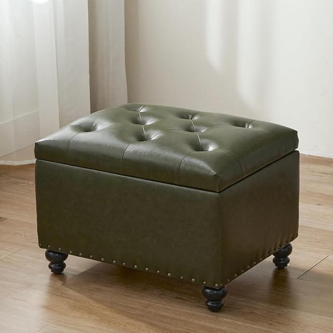 Zihanhome Leather Ottoman with Storage, Upholstered Button Tufted Ottoman Foot Rest, Foot Stools, 24" Rectangle Ottomans with Storage for Living Room, Bedroom, Dorms and Apartments (Green-PU)