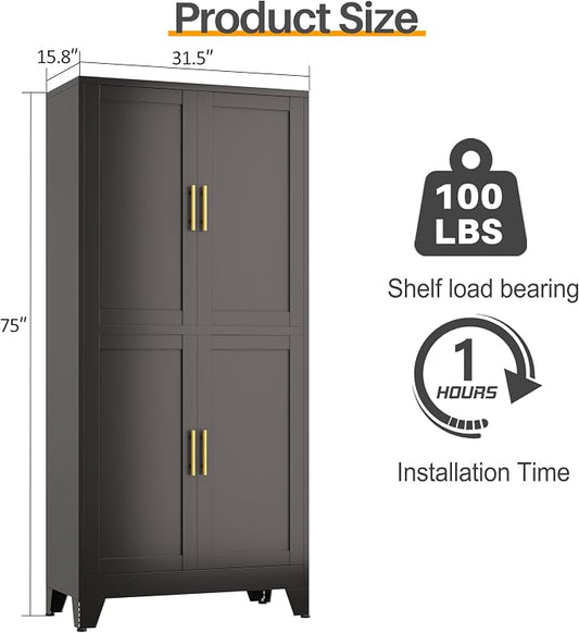 75" Tall Kitchen Pantry Cabinet, Black Metal Pantry Storage | Storage Cabinet with Doors and 3 Adjustable Shelves, Steel Storage, Bathroom cabinets Organizer, Cupboard for Home, Office