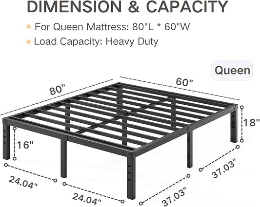 Queen Bed Frame Heavy Duty,18" Black Metal Platform Bed Frame,Sturdy Steel Frames,No Box Spring Needed,Noise-Free,Easy Assembly