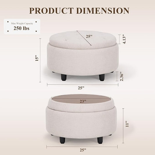 COLAMY Fabric Round Storage Ottoman with Reversible Tray Lid – Multi-Functional Footrest, Hidden Storage, Sturdy & Stylish Small Coffee Table for Living Room, Bedroom, or Entryway(Beige)