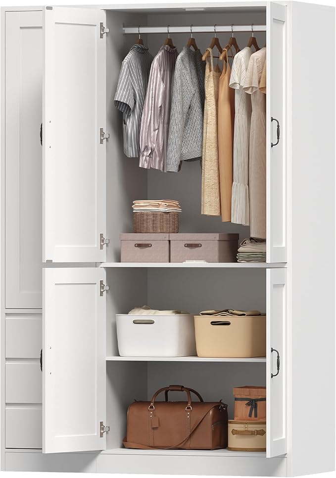 RALGEND Armoire Wardrobe Closet with 3 Drawers, 5 Doors Wardrobe Cabinet for Bedroom, 70.9" Bedroom Armoire with Hanging Rod, Large Capacity Storage Wardrobe Armoire, Clothing Storage Closet, White