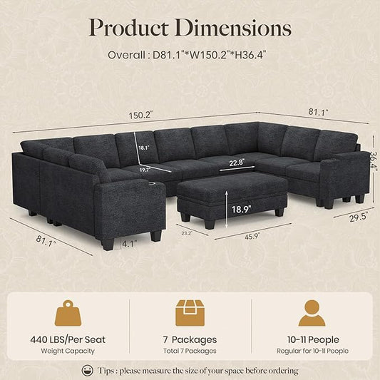 Belffin Oversized U Shaped Modular Sectional Couches for Living Room 10 Seater Modular Sofa Set with Storage Ottoman Large Sectional Couch with Cup Holder. Dark Grey Sofa