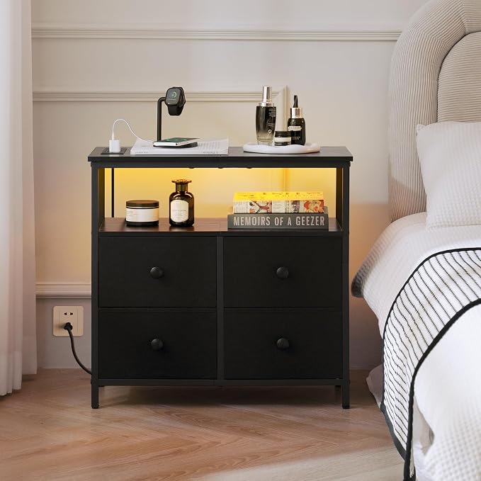 Yoobure Night Stand with Charge Station, Nightstand with 4 Drawers Bedside Table, LED Dresser with Storage Shelf, Night Stands for Bedroom, Side Table 3-Tier Wood End Table for Home, Office Black