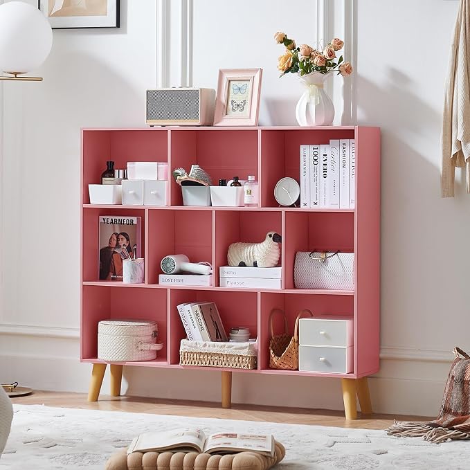LEYAOYAO 10 Cube Bookshelf,3 Tier Modern Wide Bookcase with Legs,Mid-Century Wood Bookshelves Storage,Light Pink Large Book Case,Freestanding Organizer Display Shelf for Bedroom,Living Room,Office