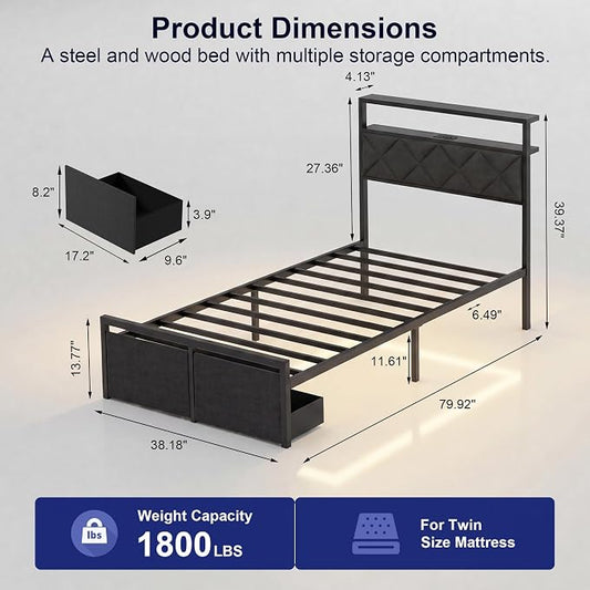 Twin Bed Frame with LED Lights, Charging Station & 2 Storage Drawers, Metal Platform with Upholstered Headboard, No Box Spring Needed, Easy Assembly