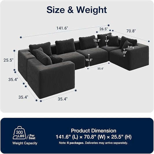 Avenco 141” 6-Seat Modular Sectional Sofa Couch, Individually Wrapped Coil Support & Corduroy Fabric, Zero Assembly 6-Piece Set for Large Living Room, Black