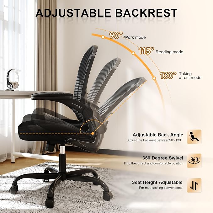 Office Chair, Ergonomic Desk Chairs 330LBS Capacity High Back Mesh Computer Chair with Flip-up Armrests, Comfy Work Chair with Adjustable Lumbar Support (Pack of 2)