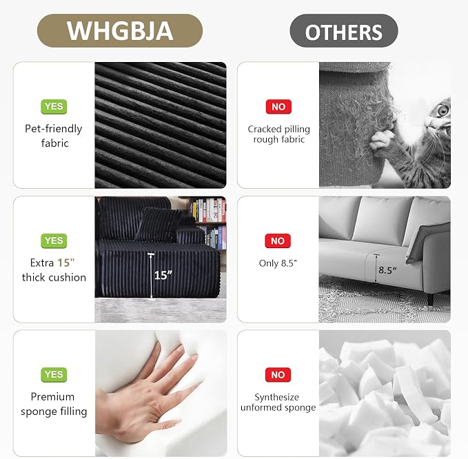 WHGBJA Oversized 79” Double Chaise Lounge Sofa Bed, Deep Seat Corduroy Cloud Loveseat Chair, No Assembly, Plush Upholstered Sleeper for Living Room or Bedroom (Dark Black)