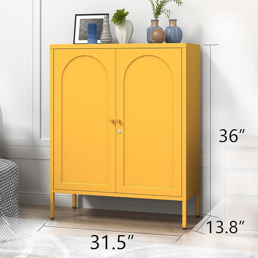 Yellow Lockable Metal Accent Storage Cabinet, 2 Door Freestanding Sideboard with Adjustable Shelves, Kitchen Organizer with Magnetic Doors for Dining Room Living Room Office