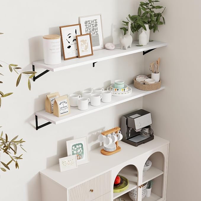 Axeman Floating Shelves for Wall White - 55 Inch Wide x 12 Inch Deep Wall Shelves Set of 2 - White Deep Wood Floating Shelves for Living Room Bedroom Laundry Room