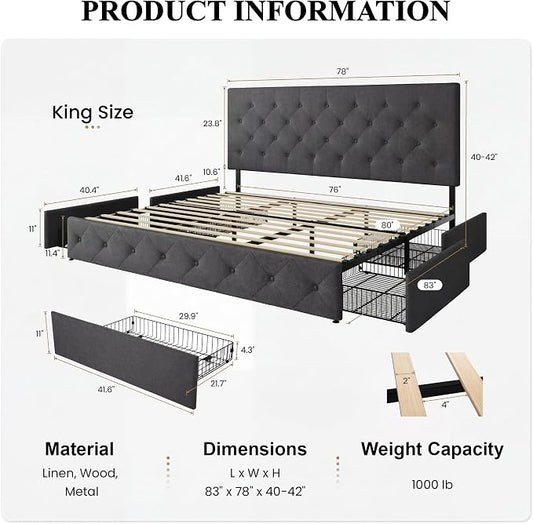 SHA CERLIN Upholstered King Size Platform Bed Frame with 4 Storage Drawers, Adjustable Headboard with Diamond Stitched Button Tufted Design, Wooden Slat Support, No Box Spring Needed, Dark Grey
