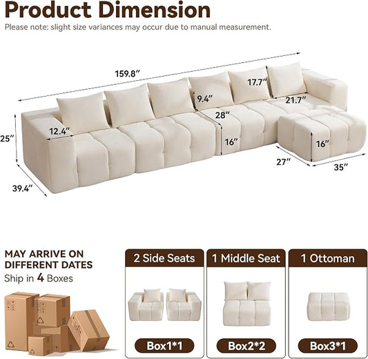 160" Boneless Couch, Oversized Cloud L Shaped Couch, Modular Sectional Sofa with Deep Seat, Modern 6 Seater Sectional Couches for Living Room Bedroom, Tufted Sofa, No Assembly Required, Beige