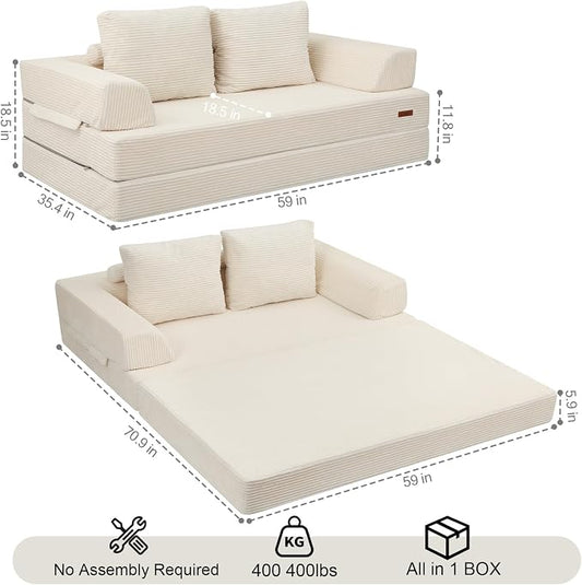 COMAX Futon Sofa Bed, Convertible Sofa Bed, Folding Boneless Couches | Boneless Couch for living room, 4‑in‑1 Fold Out Small Foldable Loveseat Floor Sleeper Mattress Lounge Space‑Saving, Beige