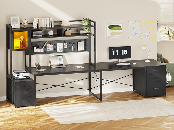 SEDETA L Shaped Gaming Desk with Drawers, Reversible Computer Corner Desk with File Drawer, Hutch, Storage Shelves for Home Office, Gaming Two Person Desk with Led Lights, Power Outlet, Black