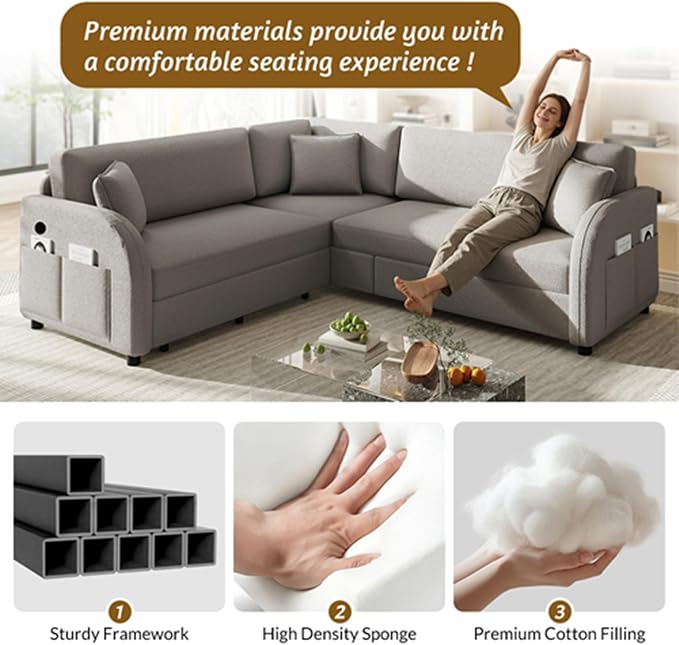 85.1" L-Shaped Pull Out Sofa Bed – Oversize Convertible Sleeper Couch with USB Ports & Side Storage, Teddy Upholstered Sectional for Living Room & Bedroom, Light Grey