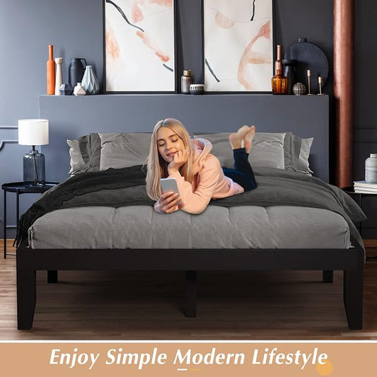 COSTWAY Queen Size Platform Bed Frame, 14 Inches Solid Rubber Wood Bed Mattress Foundation with Sturdy Slats Support, Easy Assembly Bed Frame for Home Hotel, No Box Spring Needed (Espresso, Queen)
