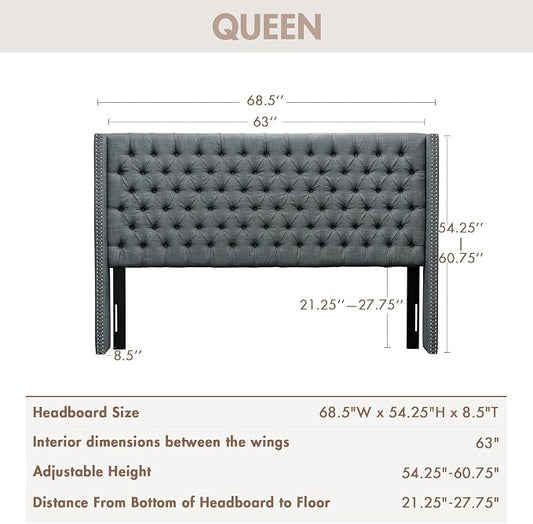 Madison Park Queen Wingback Upholstered Tufted Headboard, Featuring High-Density Sponge Padding, Adjustable Height Headboard, Easy Assembly, Dark Grey Woven