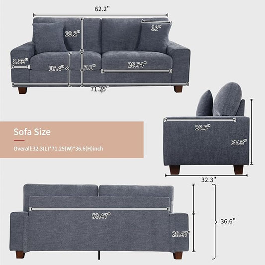 DOPEDIO Modern Loveseat Sofa for Living Room,Chenille Recliner, Removable Cover, Pocket Spring Cushions, Solid Wood Frame, Easy Assembly for Small Spaces (71.25inch,Blue)