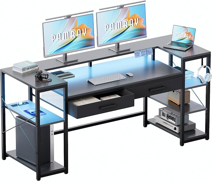 Pamray 58 Inch Computer Desk with Monitor Stand and Shelves Gaming Desk with LED Lights & Power Outlets PC Vanity Table with 2 Drawers for Home Office Grey